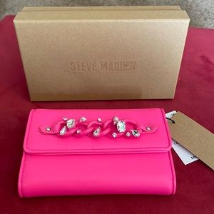 💗Steve Madden 💝Krissy Faux Leather Clutch Neon Pink with gemstones